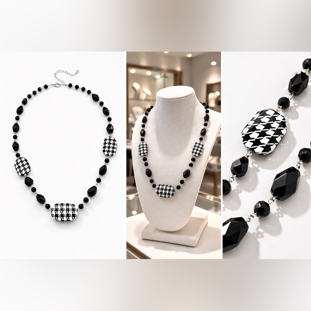 🖤 Black & White Houndstooth Statement Necklacep 🖤 - Picture 2 of 2